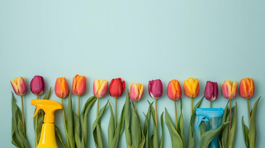 Colourful tulips with cleaning agents depicting spring clean