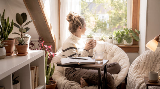 Woman holding a warm mug by a sunny window with an open journal, reflecting on personal growth and mindfulness.