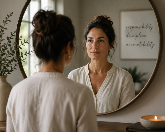 Woman looking in a mirror, pensively. 3 words are reflected in the mirror Responsibility, Discipline, Accountibility 