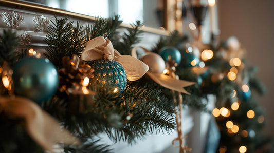Teal, sand, Xmas baubles hanging across a mantel